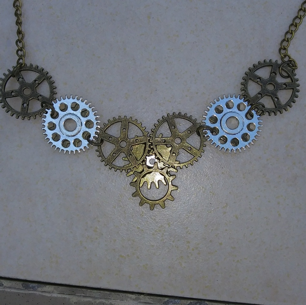 ๐ Steampunk Style Gear Necklace mixed metals 28" - Picture 2 of 5